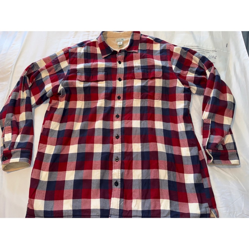 LL Bean Fleece Lined Flannel Shirt Jacket Mens XL Tall Red Navy Plaid 252749